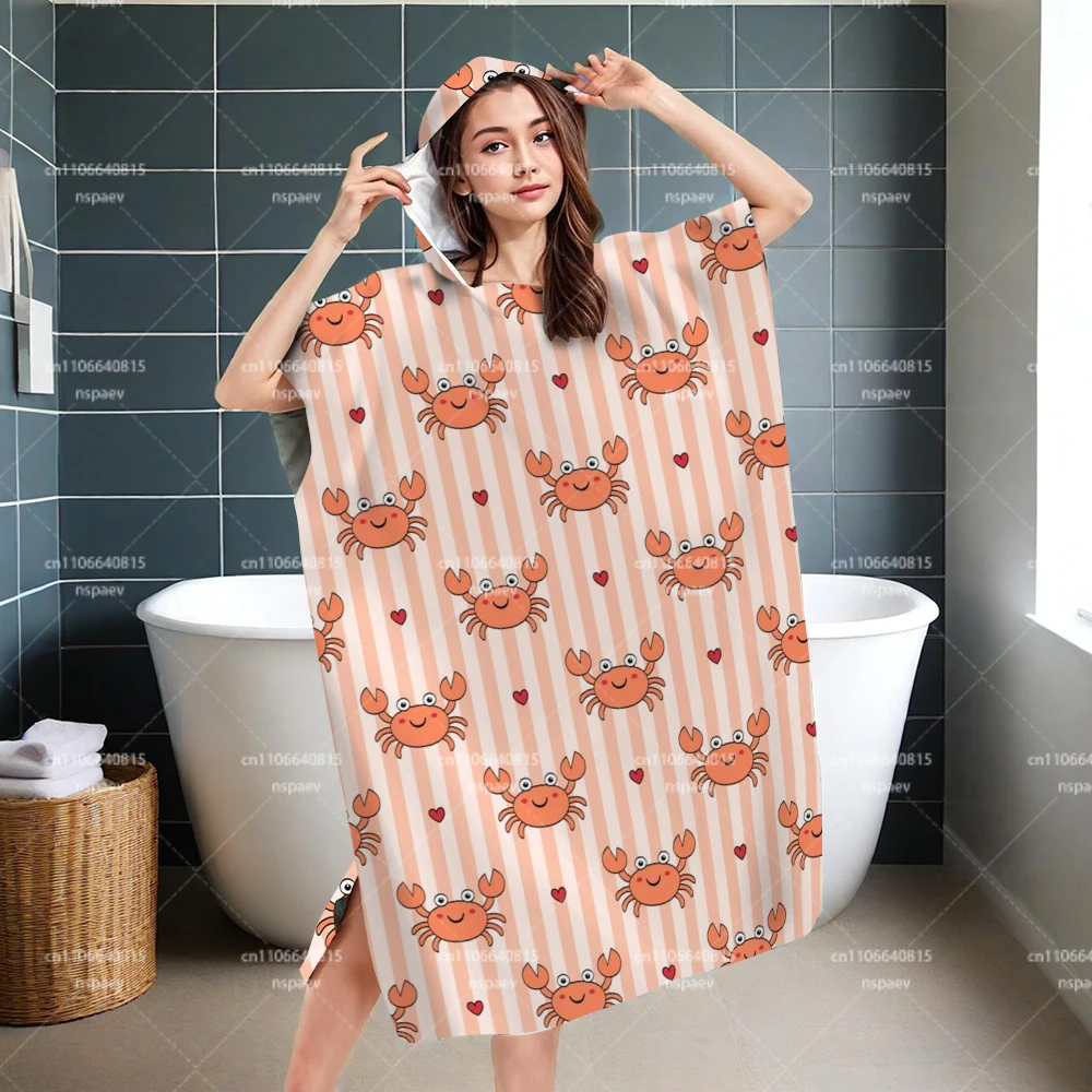 Parent-Child Cute Crab Striped Hooded Bathrobe, Quick Dry Wearable Towel Poncho for Beach Swim Pool Bath