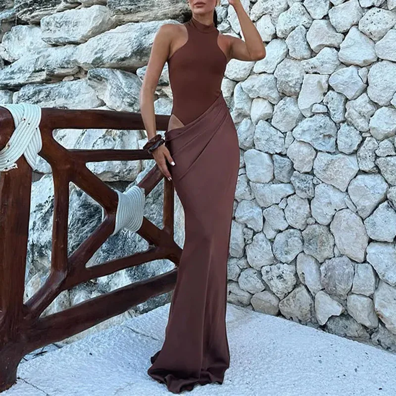 Sexy Slim Patchwork Coffee Colored Women Dress Summer Retro High Necked Sleeveless Long Dress Vacation Party Bag Buttocks Skirt