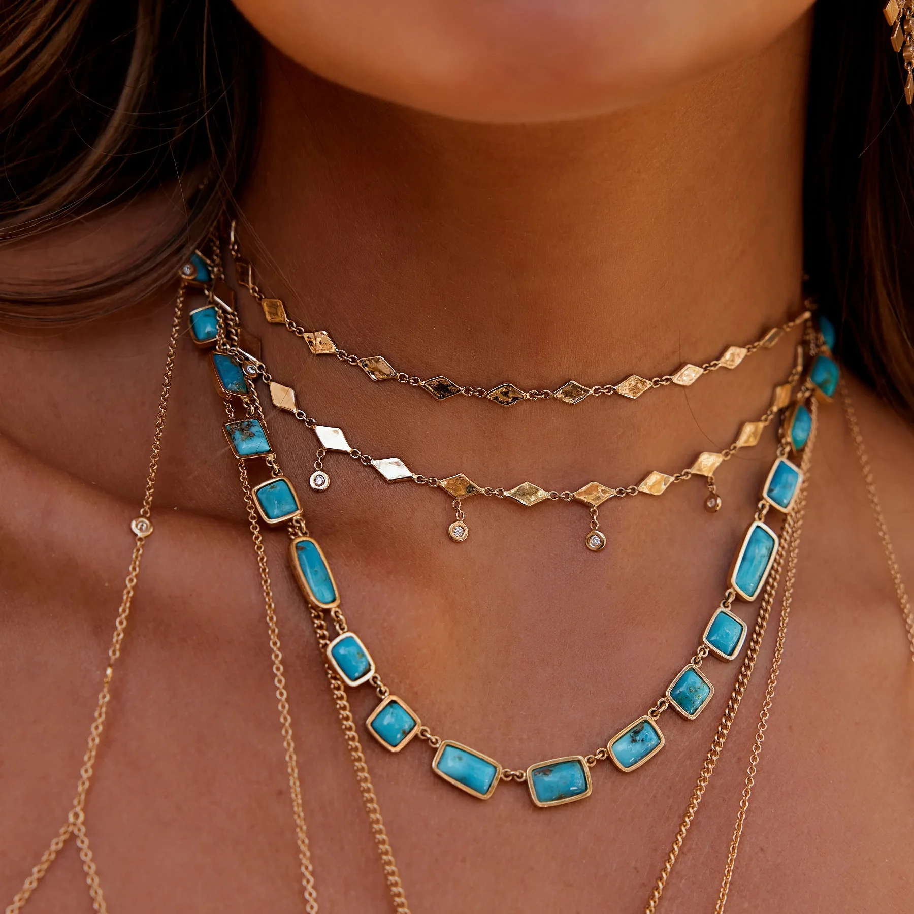 Geometric Rhombus Shaped Small Charm Linik Chain CZ Charm Choker Y Lariat Three Layer Women Neckace Gold Color