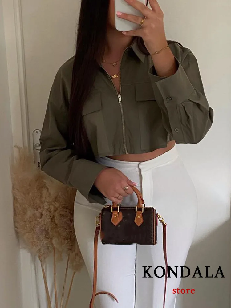 KONDALA Casual Armygreen Women Blouse Solid Turn-down Collar Zipper Pockets Short Loose Blouse Fashion 2023 Autumn Shirts