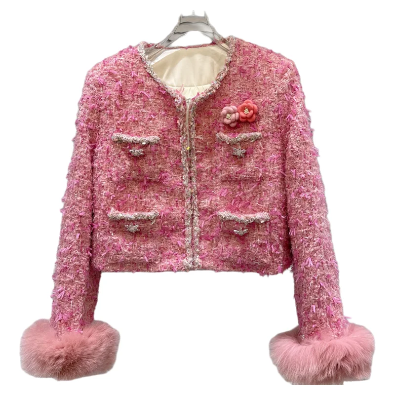 معطف قصير مبطن بأساور من فراء الثعلب الراقية لشتاء 2025، معاطف وردية أنيقة للسيدات، سترة عالية الخصر