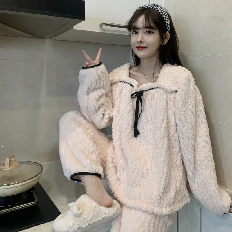 Plus Velvet Thicken Pajama Sets Women Winter Warm Cozy Sweet Panelled Sleepwear Home Korean Style All-match Aesthetic Students