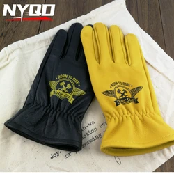 Motorcycle First-layer Cowhide Gloves, Genuine Leather Men's Outdoor Retro Cycling Plus Velvet Warm Gloves for Winter