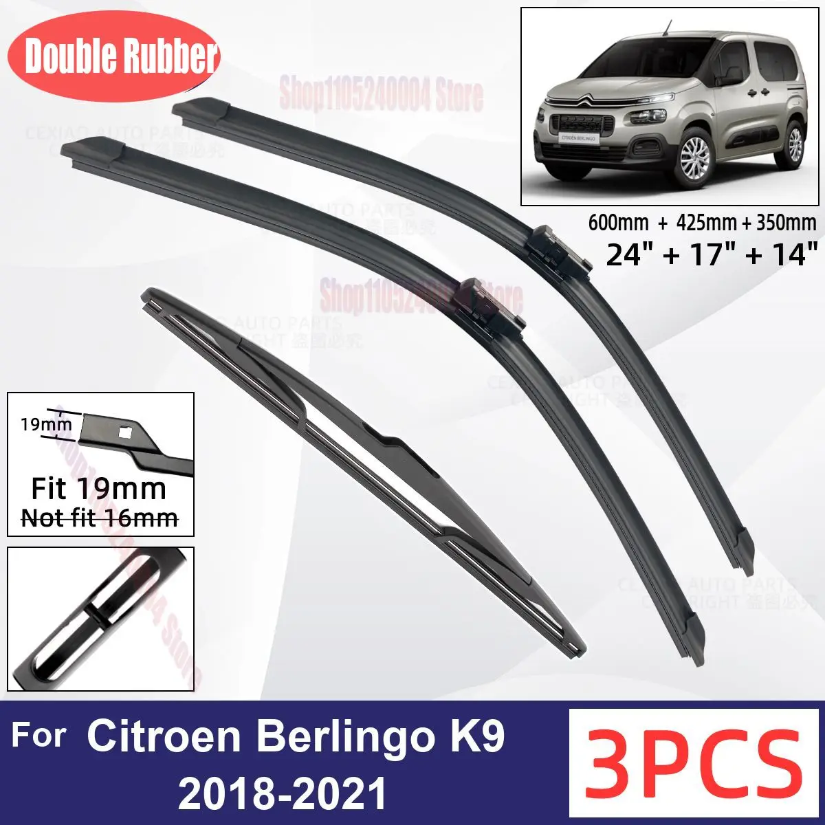 

For Citroen Berlingo K9 2018-2021 Auto Windshield Windscreen Wipers Soft Rubber Front Rear Wiper Blades 24 17 14 2019 2020