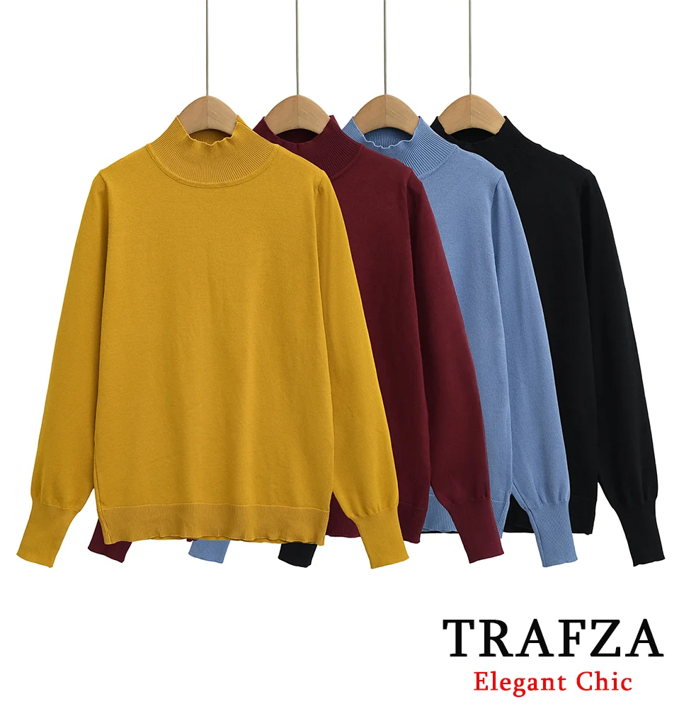 

TRAFZA Women Elegant Thin Slim Knitted Sweater Half Turtleneck Stretch Sweater New Spring 2025 Fashion Basic Versatile Sweater