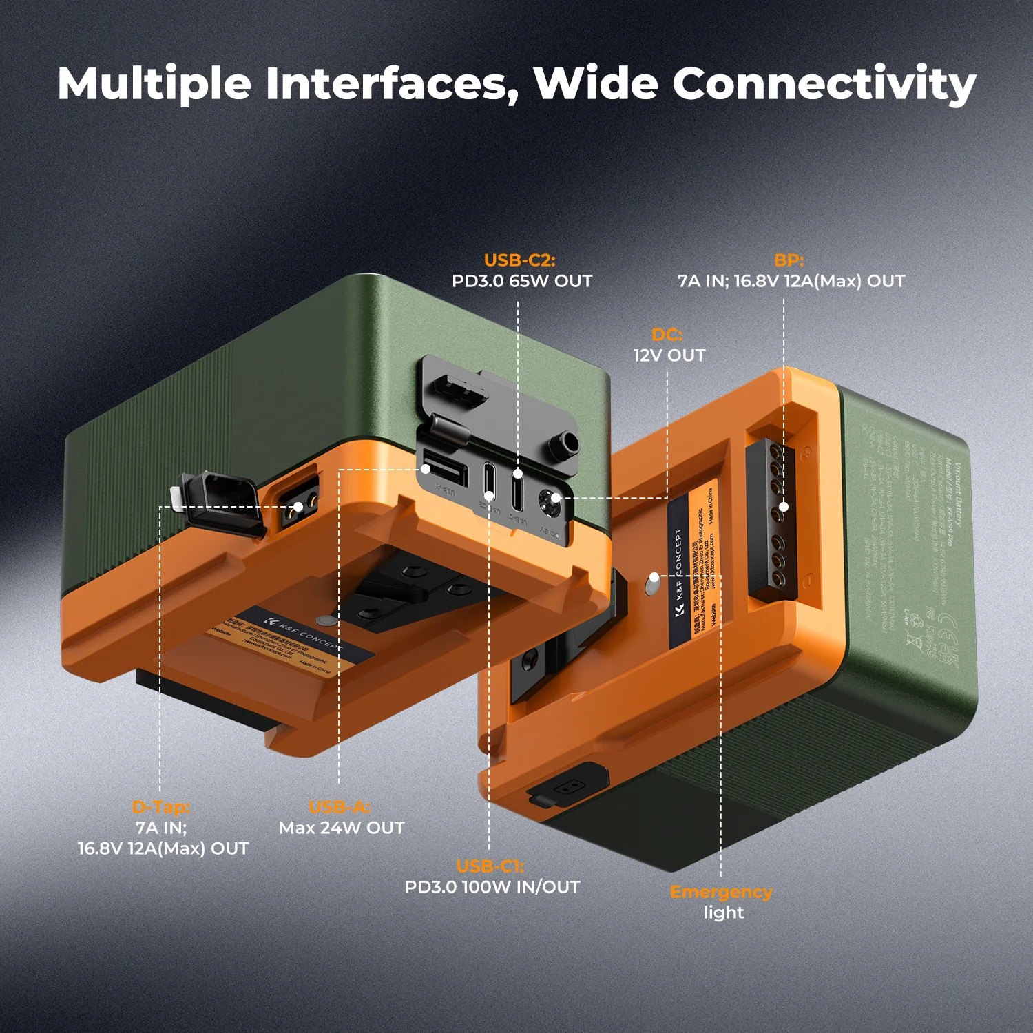 بطارية K&F CONCEPT V99 Pro Mini V-Mount 99Wh 100W شحن سريع ثنائي الاتجاه 6 منافذ بطارية إخراج شاملة