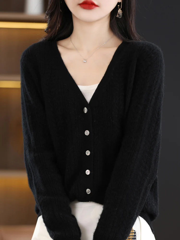 Addonee Autumn Women's Deep V-neck Cardigans Sweater 100% Merino Wool Loose Twist Flower Cashmere Knitwear Long Sleeve Clothing