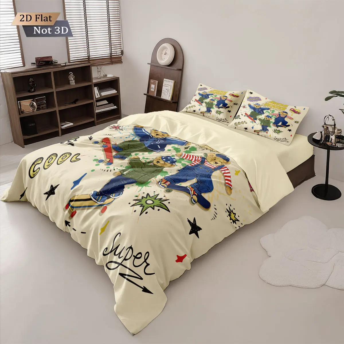 3pcs Cartoon Skateboard Teddy Bear Print Coreless Duvet Cover Set Multi Size Bedroom Bedding Decoration Comfortable Machine Wash