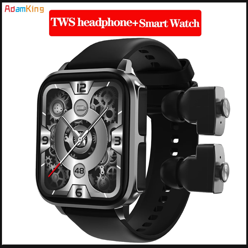 

New 1.83" Men 2 In 1 TWS Earphone Smartwatch Blue Tooth Sport Music HIFI Stereo Wireless Headset Heartrate Waterproof Smartwatch