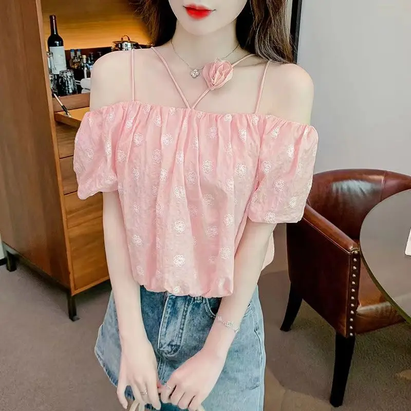 Fashionable Sweet Summer New Shirts Women\'s Slash Neck Off Shoulder Sling Tie Flowers Solid Printed Loose Short Sleeve Blouses