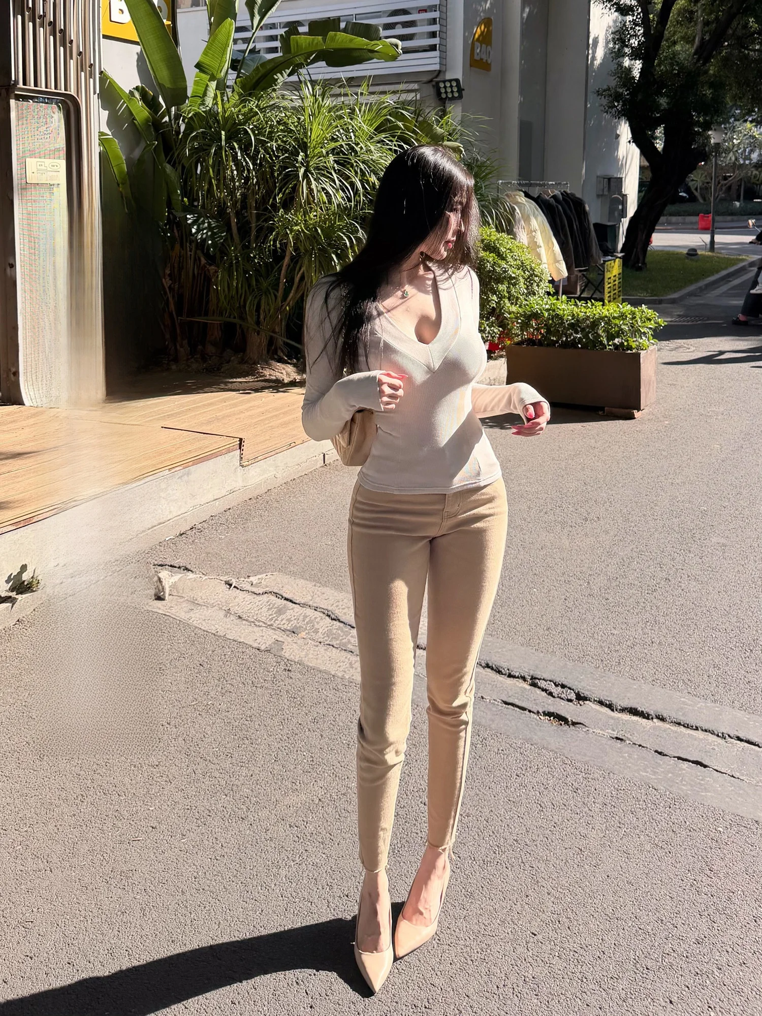 

Slim Fit High Waist Denim Jeans Women's Turn up Hem Nine Points Fart Shop Chestnut Flavor Simple Versatile Frayed Jeans