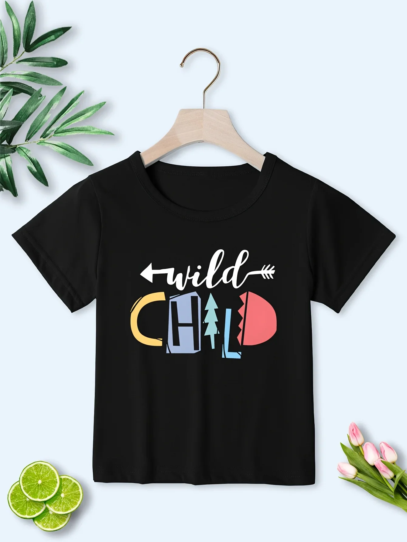 

Girls' White WILD CHILD Graphic Short Sleeve T-Shirt Lettering with Stars Round Neck Casual Summer Top Girls Kids Clothing