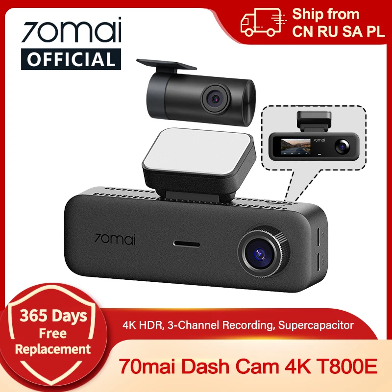 70mai T800E 3 ערוצים קדמי 4K + אחורי 1080P + פנימי 1080P HDR Supercapacitor 24H חניה GPS WiFi 6 70mai T800E בקרת קול