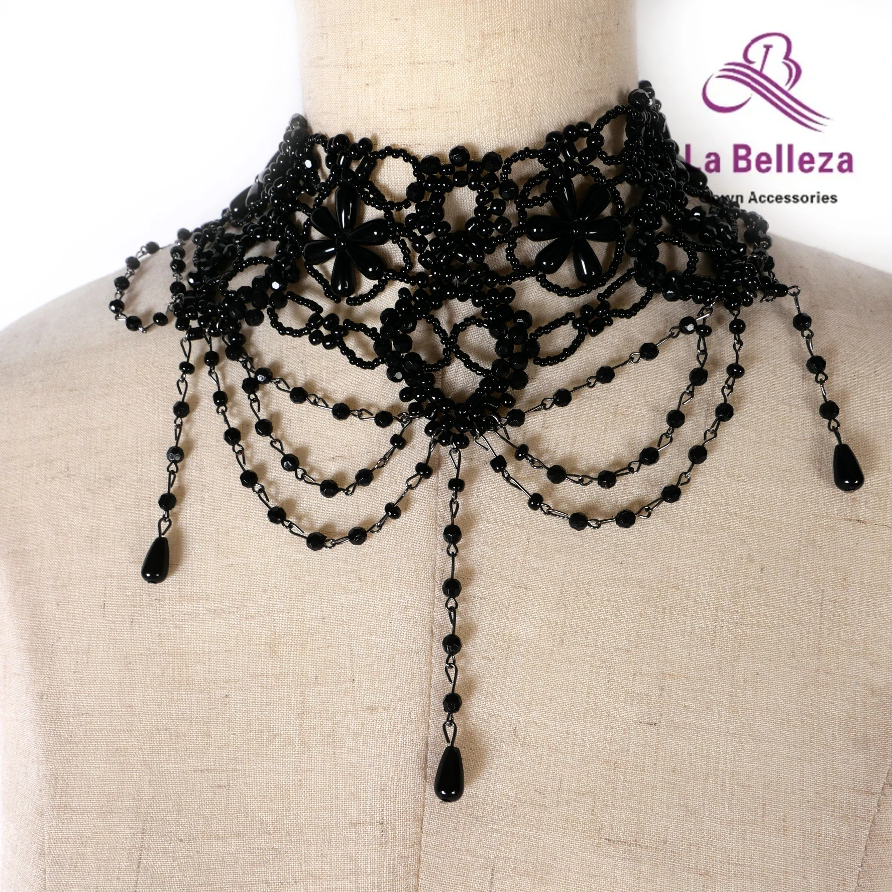 La Belleza Fashion vintage women's necklace diy Black pearl crystal beaded titanium steel material dinner decoration