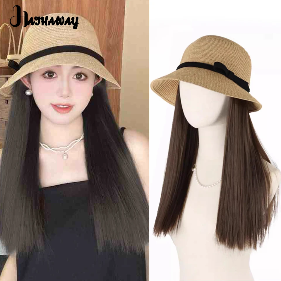 Topi Wig satu wanita rambut keriting panjang topi anyaman sintetis topi nelayan sejuk gulungan wol gulungan lurus topi anyaman kepala penuh