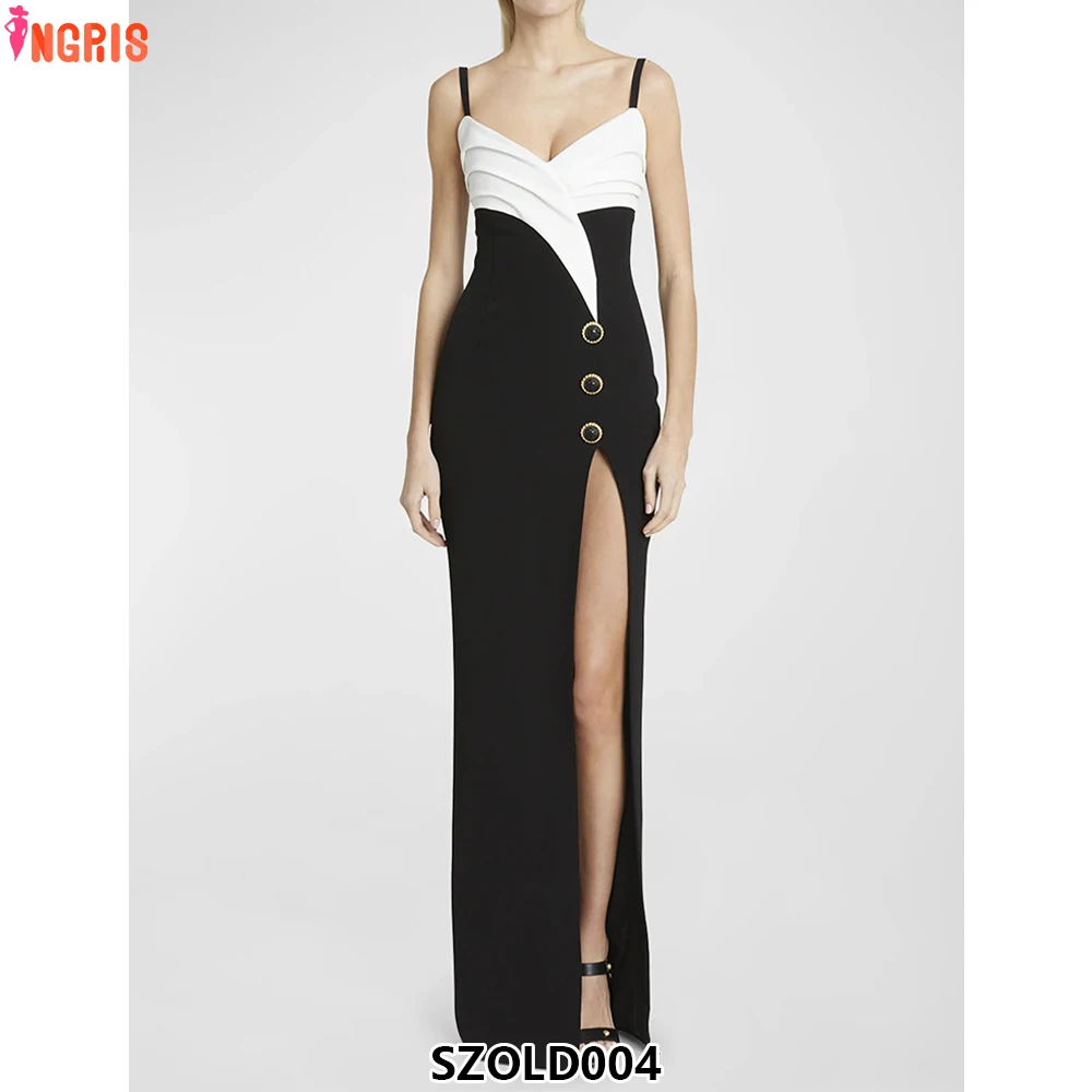 

Luxury boutique women's black and white women's party wear high slit bandage dress maxi dress evening gown-SZOLD004