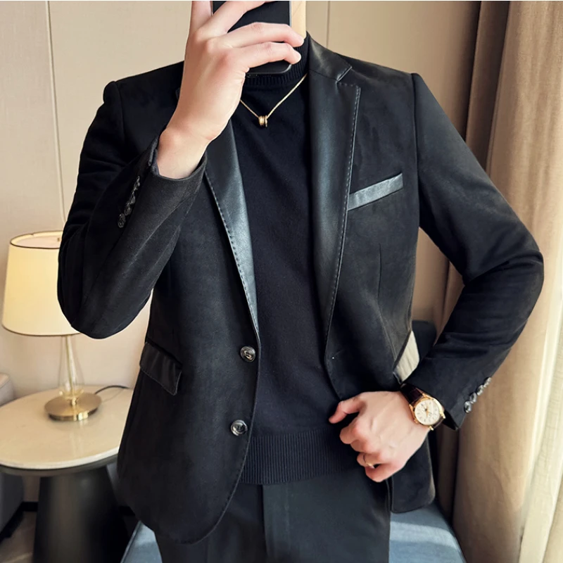 2023 Suede Suit Jacket for Men Korean Fashion PU Splicing Casual Business Blazer Masculino Office Social Dress Coat Men Clothing