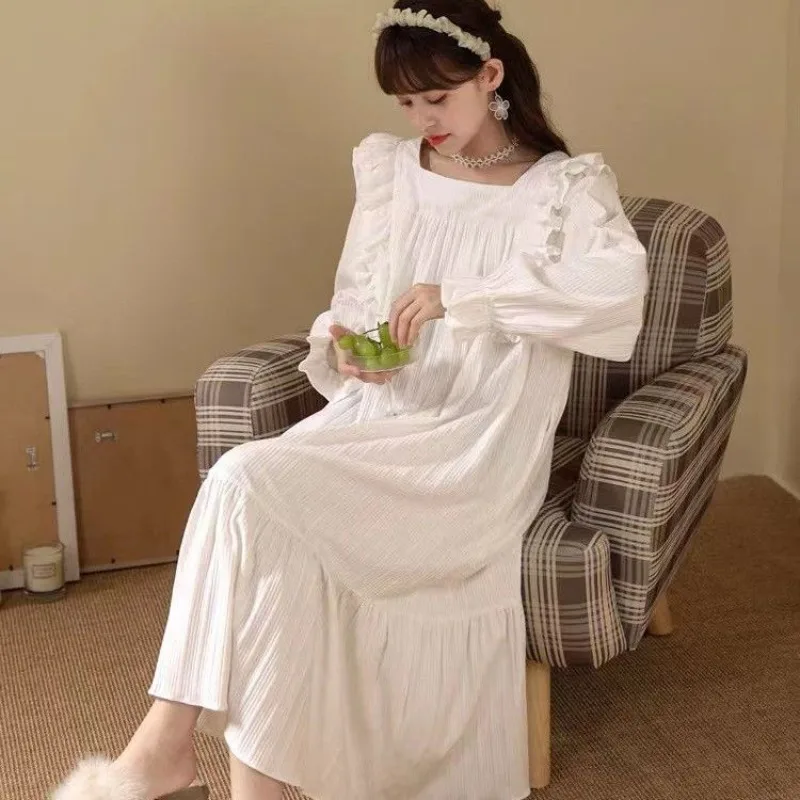 Lace Women Nightgown Korean Sleepwear Square Collar Nightwear Solid One Piece Pajamas Ruffles Autumn Sleeping Night Dress New