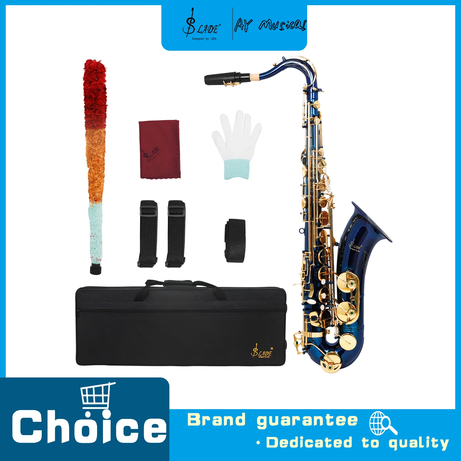 SLADE Bb Tenor Saxophone Blue Lacquer Brass Sax with Accessories Professional Woodwind Instrument for Saxophone Performance