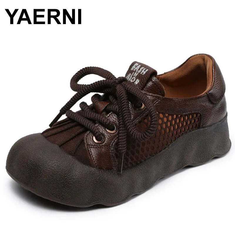 

Lace-up Top Cowhide Mesh Breathable Sneaker Sandals Platform Elevator Shoes Comfortable Retro Casual Shoes Tide