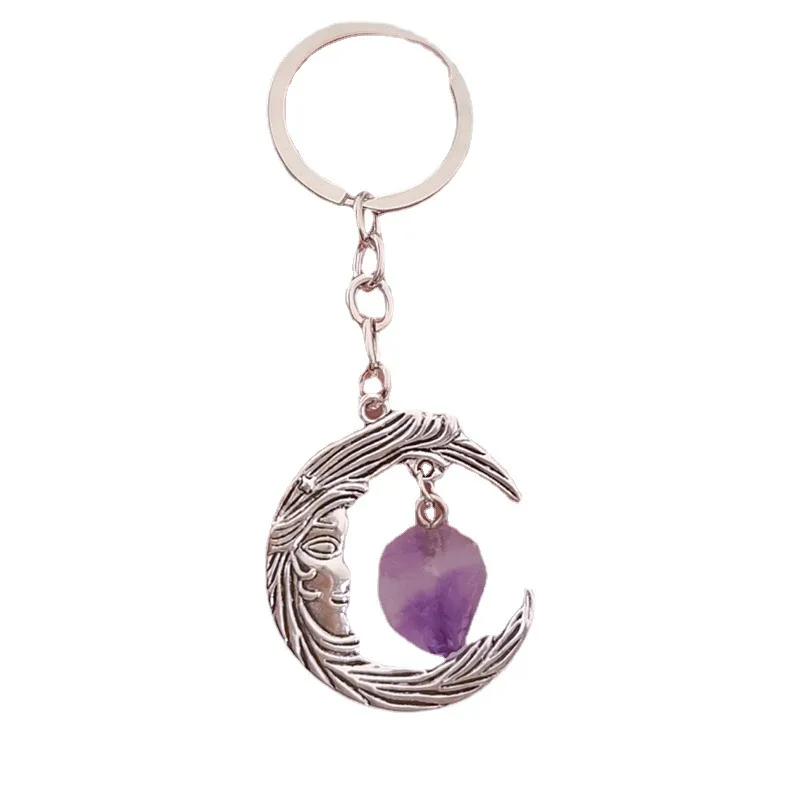 Vintage Moon Natural Stone Keychain Amethyst Moon Goddess Fashion Bohemian Jewelry Gift Car Door Lock Key Accessories Gift Trend