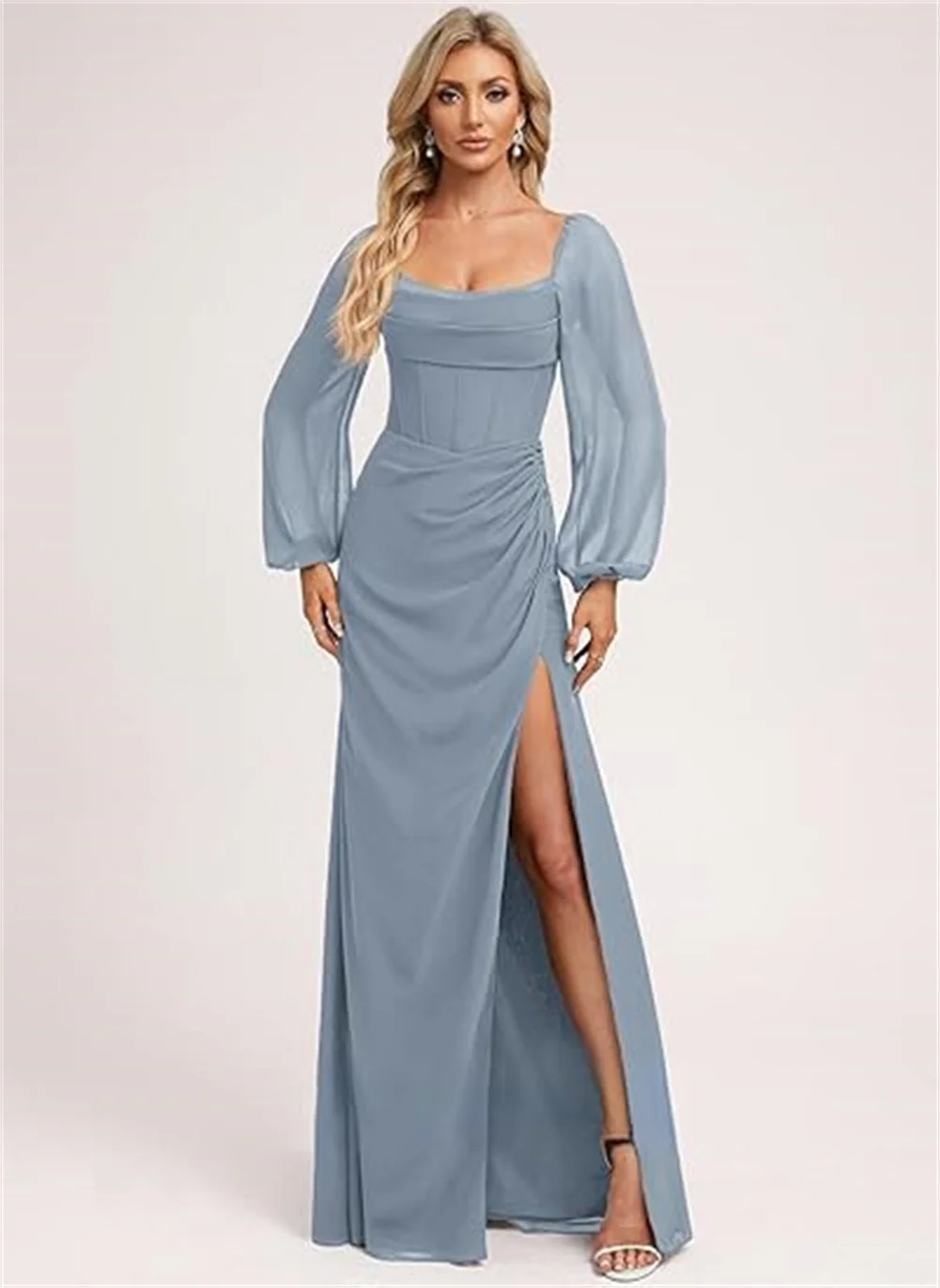 

Customized Women's Long Puffy Sleeves Bridesmaid Dresses With Side Slit Corset Bodice Empire Waist Prom Party Green Mother Gowns