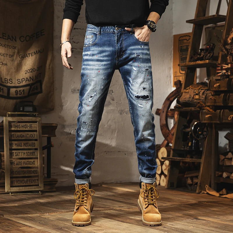 2024 new men's distressed men's spring/summer men's pants slim fit splashed ink scraped small feet casual jeans streetwear