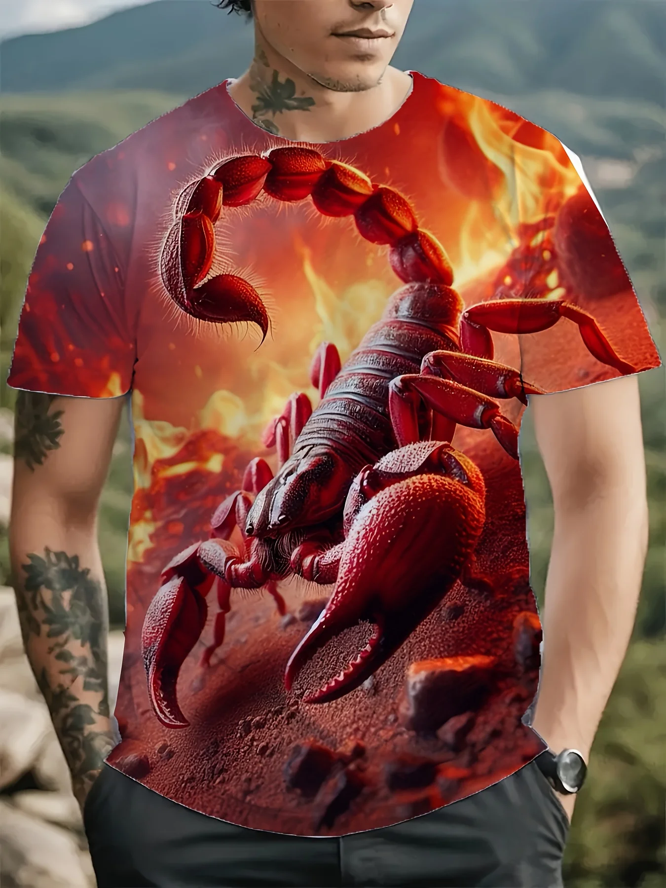 Men's Crew Neck Tee 3D Red Scorpion Flame Desert Rock Print Horror Animal Casual Tops