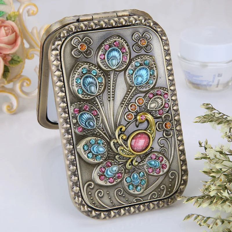 고급스러운 고대 방식, 속이 빈 손으로 장식된 물 드릴 미니 휴대용 양면 확대 거울