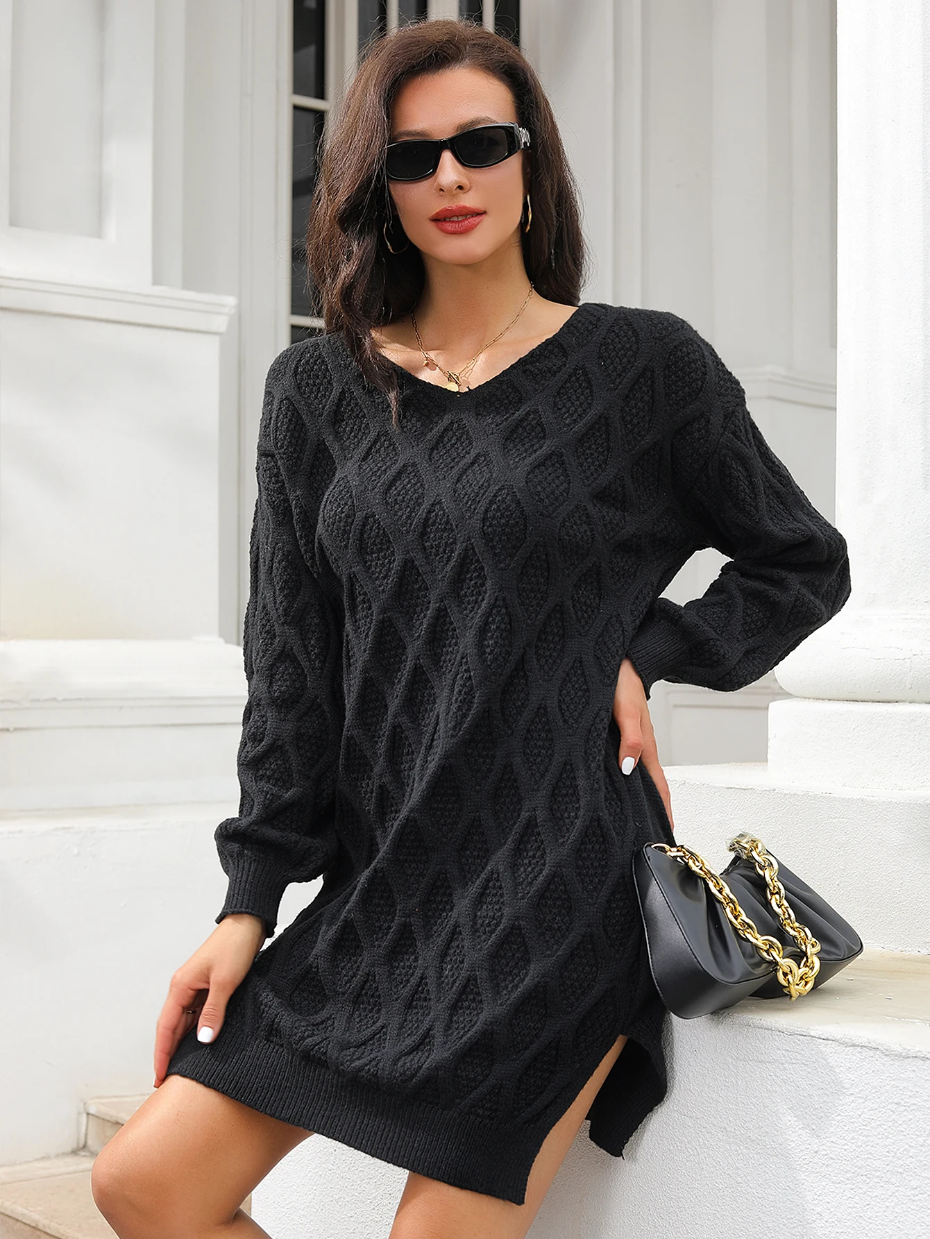 V-hals stretch gebreide zwarte jurk met lange mouwen voor dames - nieuwe stijl voor herfst/winter, losse en comfortabele truijurk