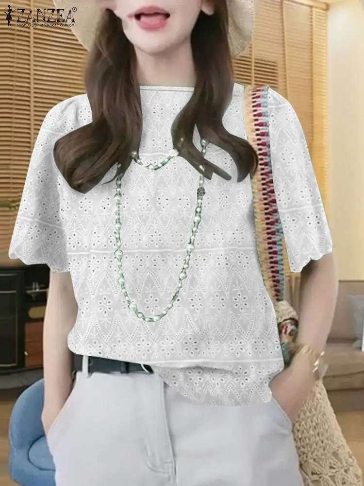 2024 ZANZEA Summer Elegant Lace Crochet Blouse Women Fashion O Neck Short Sleeve Tops Casual Holiday Work Shirt Female Blusas