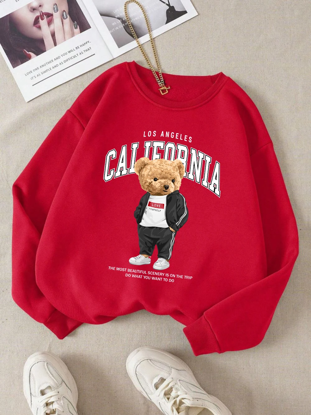 Fashion Women\'S Sweatshirt California Los Angeles Letter Bear Printed Pullover Soft Breathable Loose Hoodie Autumn Streetwear