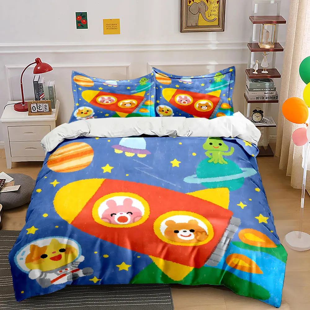 Cute animals in space rocket Print Soft Comfortable Duvet Cover Bedding Set Included 1*Duvet Cover  2*Pillowcases