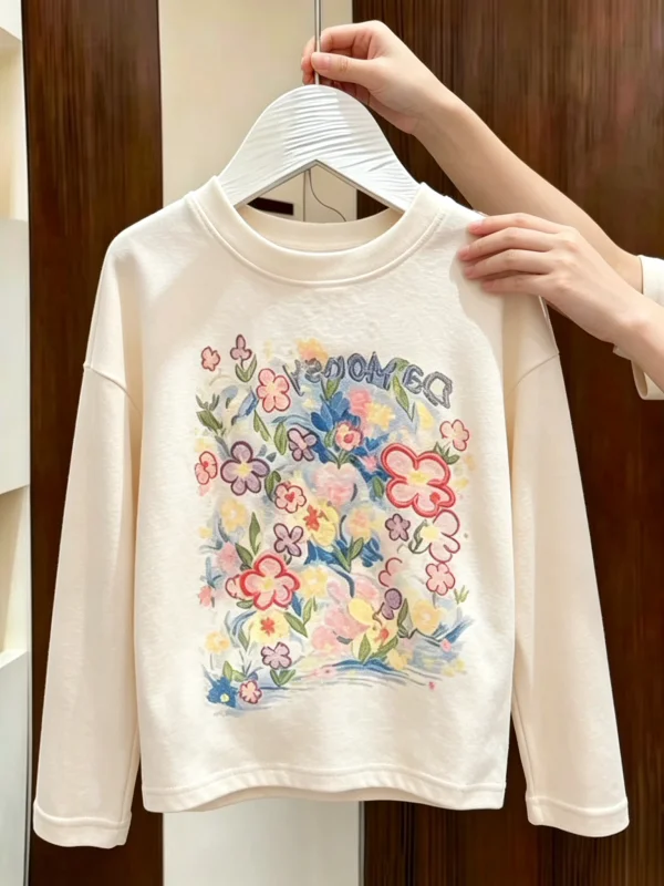 Trendy Floral Print round Neck Sweatshirt Base Layer Shirt for Girls Autumn New Arrival Fashionable Girls' Bottoming Top