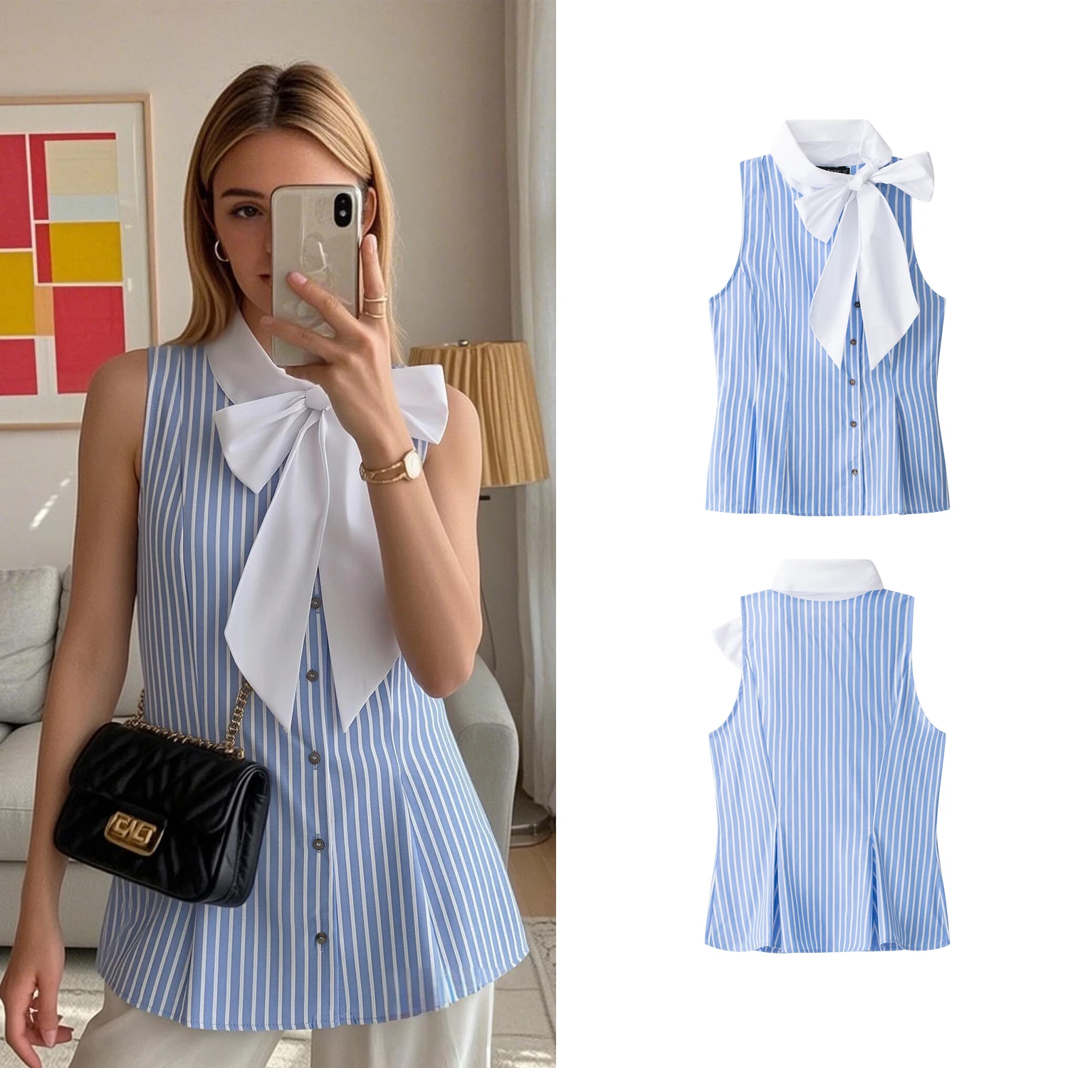 

Women's Blue Casual Shirts Summer Female Elegant Striped Blouse Single Breasted Bow Shirts Lady Streetwear Chic Sleeveless Tops