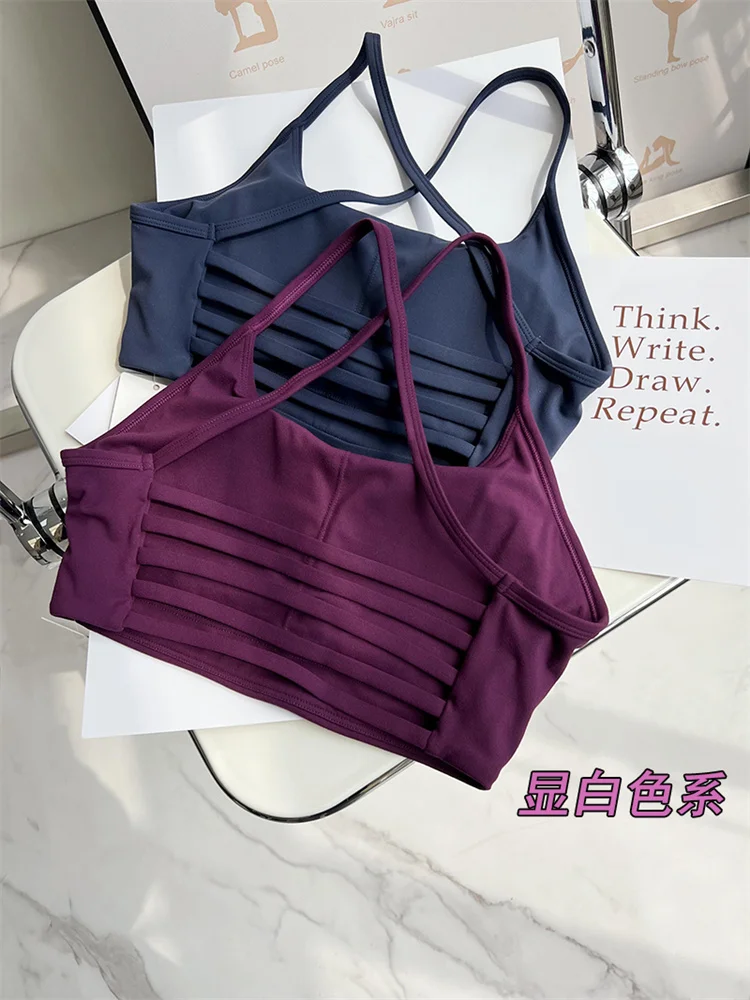 

SHINBENE Sports Bra with Breast Pad Thin Strap Beauty Back Sexy Shock-proof Fitness Running Bra Backless Training Yoga Vest