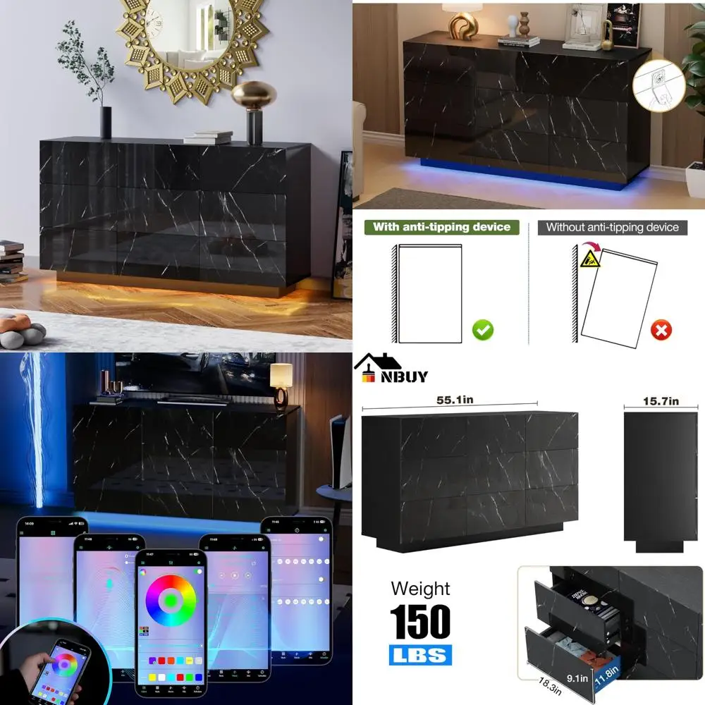 

contemporary black led 9-drawer dresser with high gloss finish for bedroom