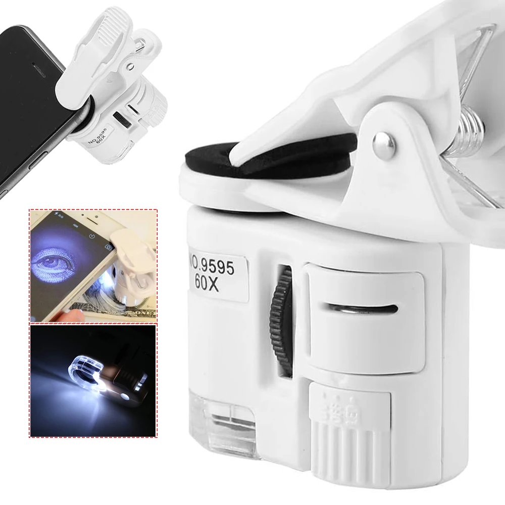 

Portable 60X Clip Magnifier Mini Microscope Universal Mobile Phone with Mini LED with Cell Phone Clip UV Light