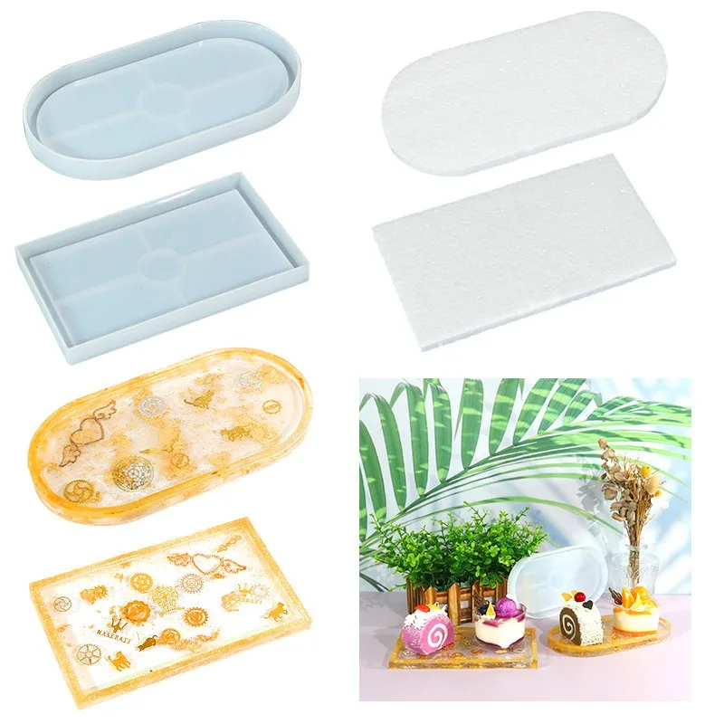 DIY Plaster Cement Rectangular Tray Silicone Mold Oval Plate Cup Mat Epoxy Resin Molds Crafts Dessert Dish Coaster Making Tools