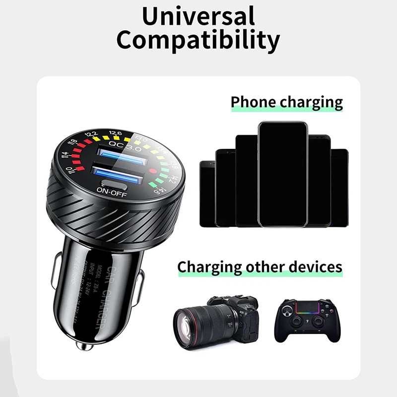 Car Charger, Dual QC3.0 Ports Fast Car Charger Adapter Color Screen Voltage Display Switch Control Metal Case