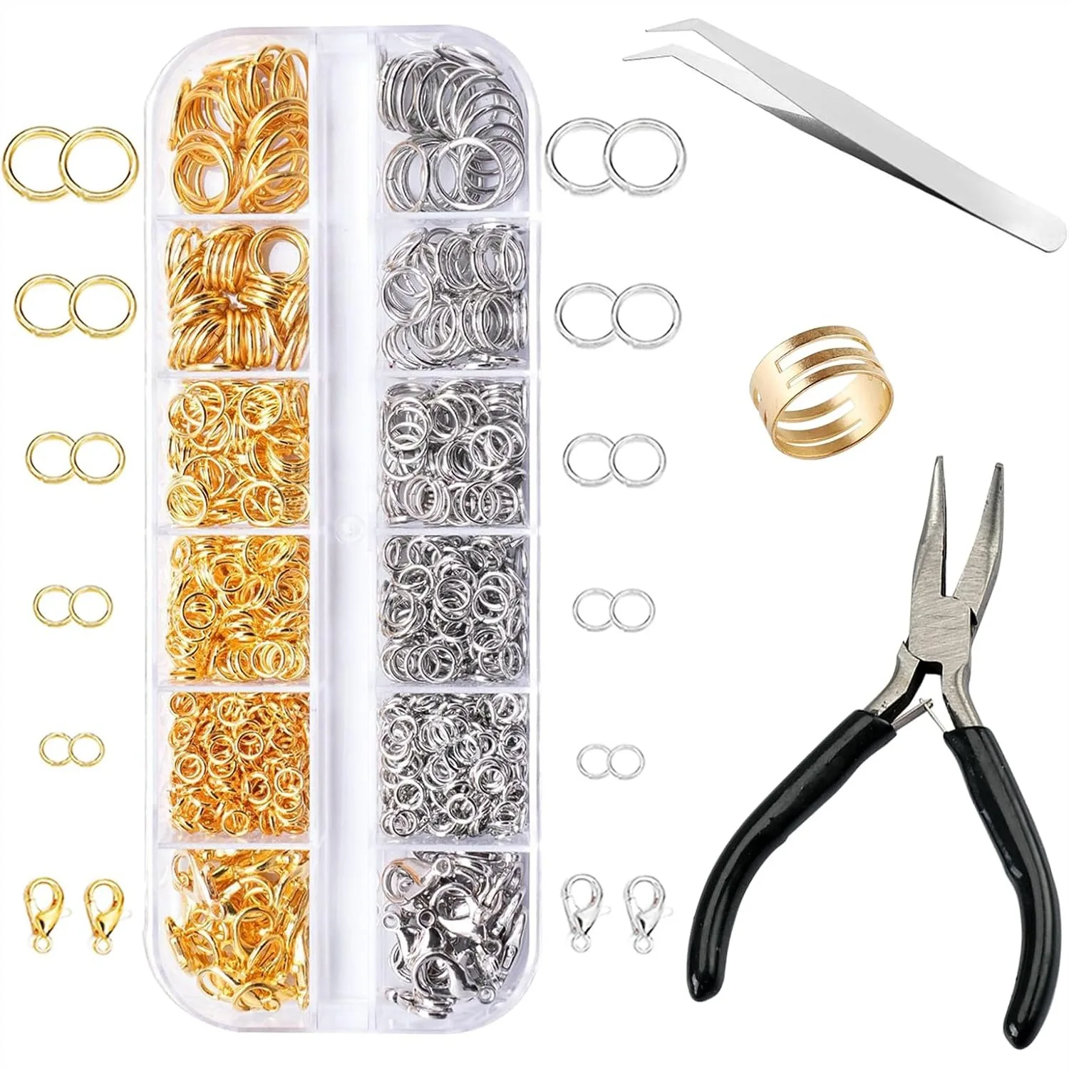 1200PCS Jewelry Making Supplies, Open Jump Rings and Lobster Clasps Kit with Pliers for Necklace Repair and Making