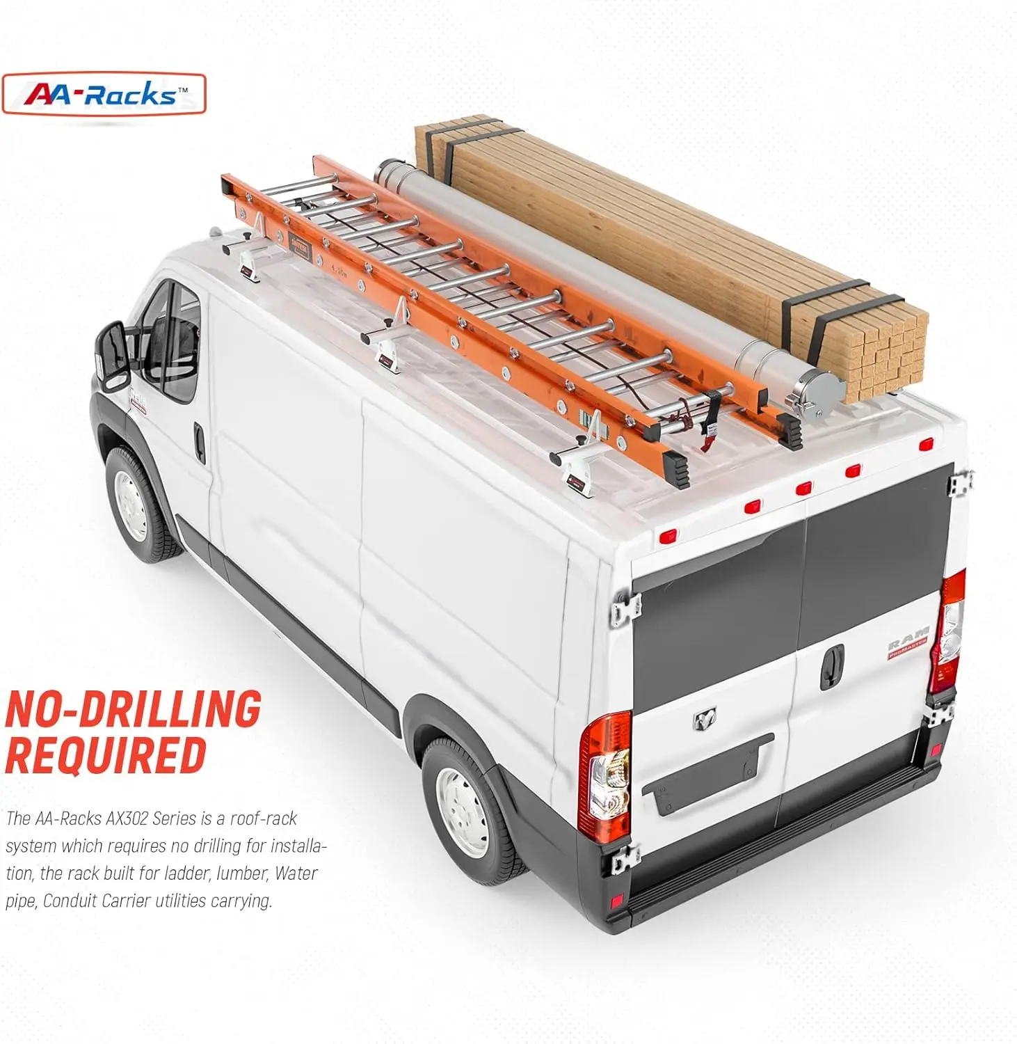 AA Racks Model AX302 Aluminum Van Ladder Roof Rack System Fits for 2013-On RAM ProMaster/ 2015-On Transit - 3 Bar 72'', White