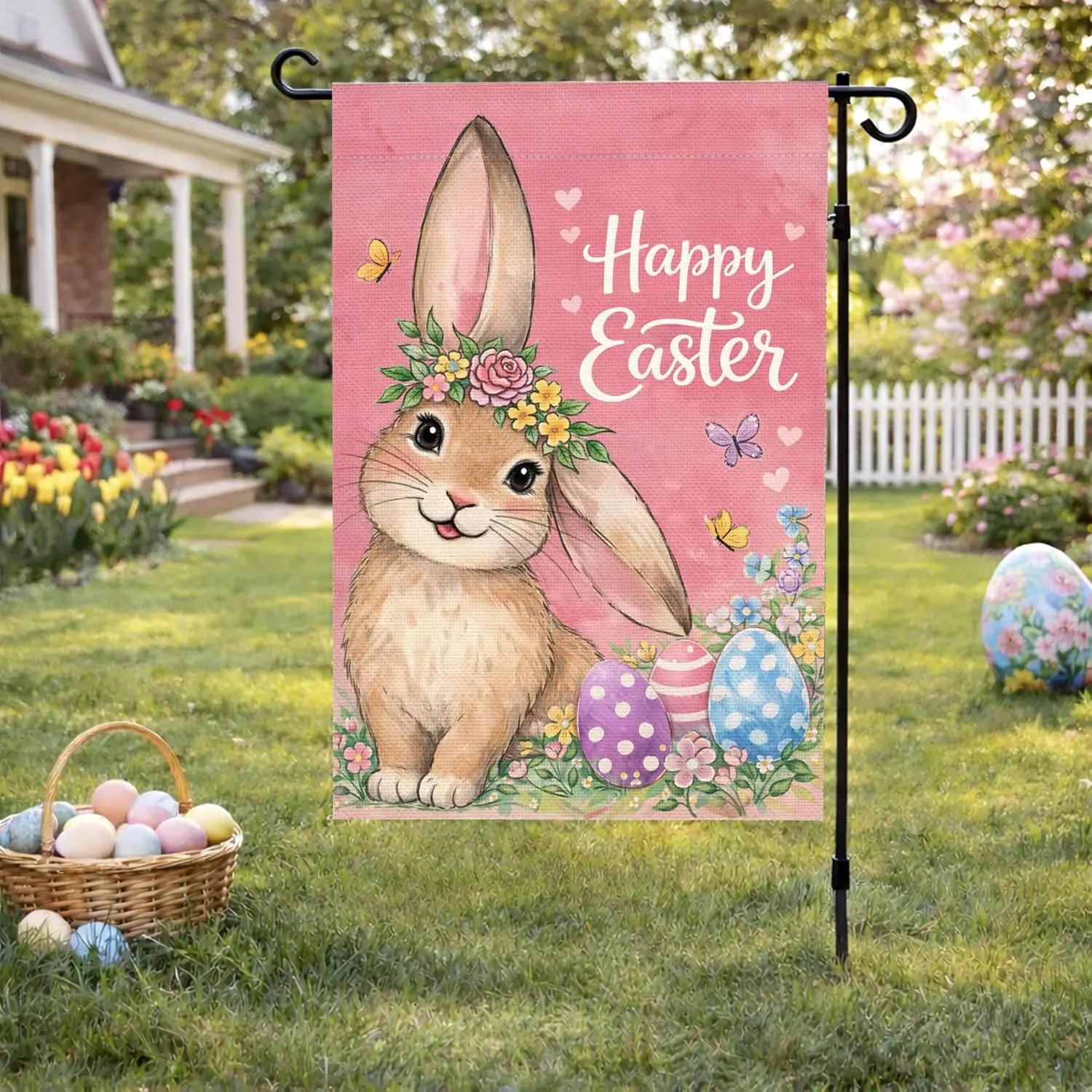 Happy Easter Garden Flag 12x18 Inch Double Sided, Pink Floral Bunny Easter Egg Yard Flag, Wrinkle Resistant Durable Easy Cle AAS