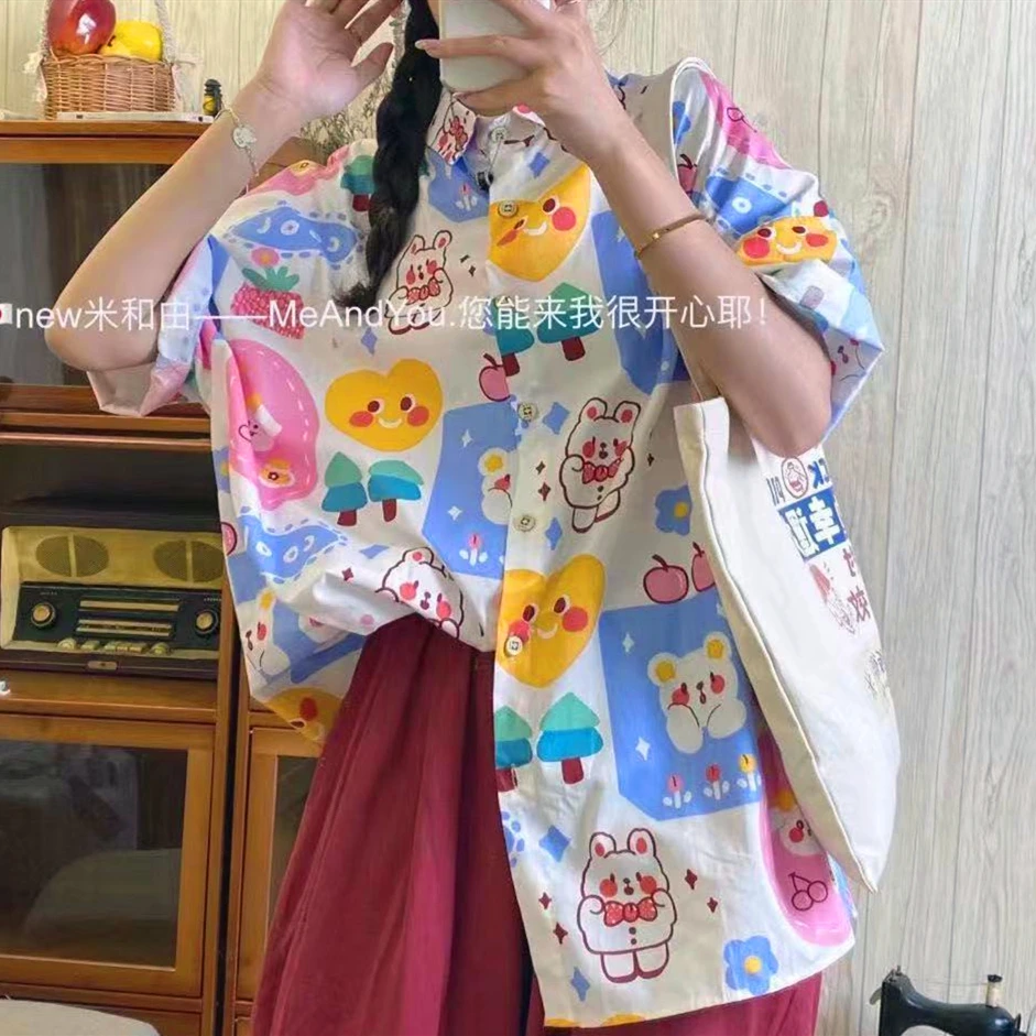 High Quality Japan Kawaii Anime Button Up Shirt Summer Harajuku Oversized Short Sleeve Cute Blouse Cartoon Korean Fashion Teens