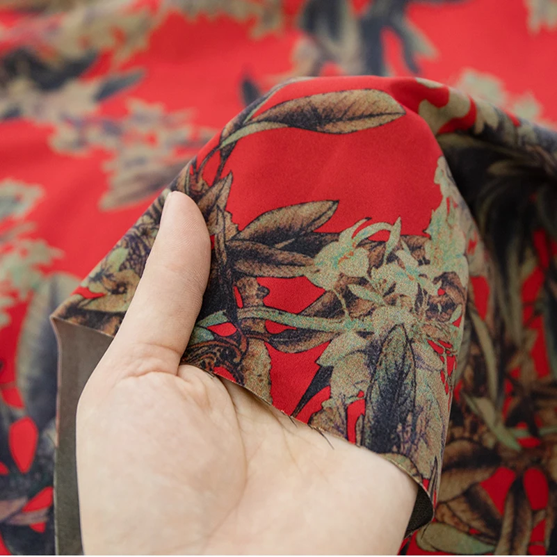 Simulated Silk Fabric Vintage Floral Printed Gambiered Canton Gauze Fabric for Sewing Clothes Dress per Half Meter