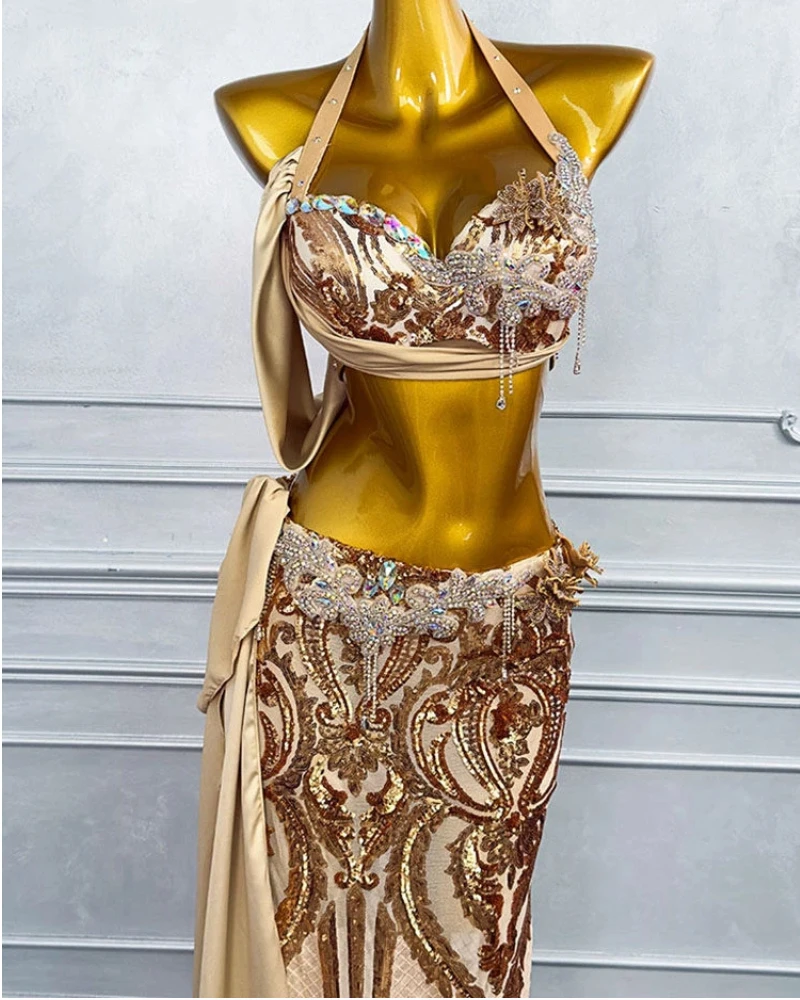 ชุดเต้นระบำหน้าท้องระดับไฮเอนด์ รุ่นใหม่ ปี 2024 สีทอง สำหรับการแสดงเต้นรำแบบตะวันออก ผู้ใหญ่ ผู้หญิง สำหรับการแสดงกลุ่ม การแข่งขัน และการแสดงบนเวที