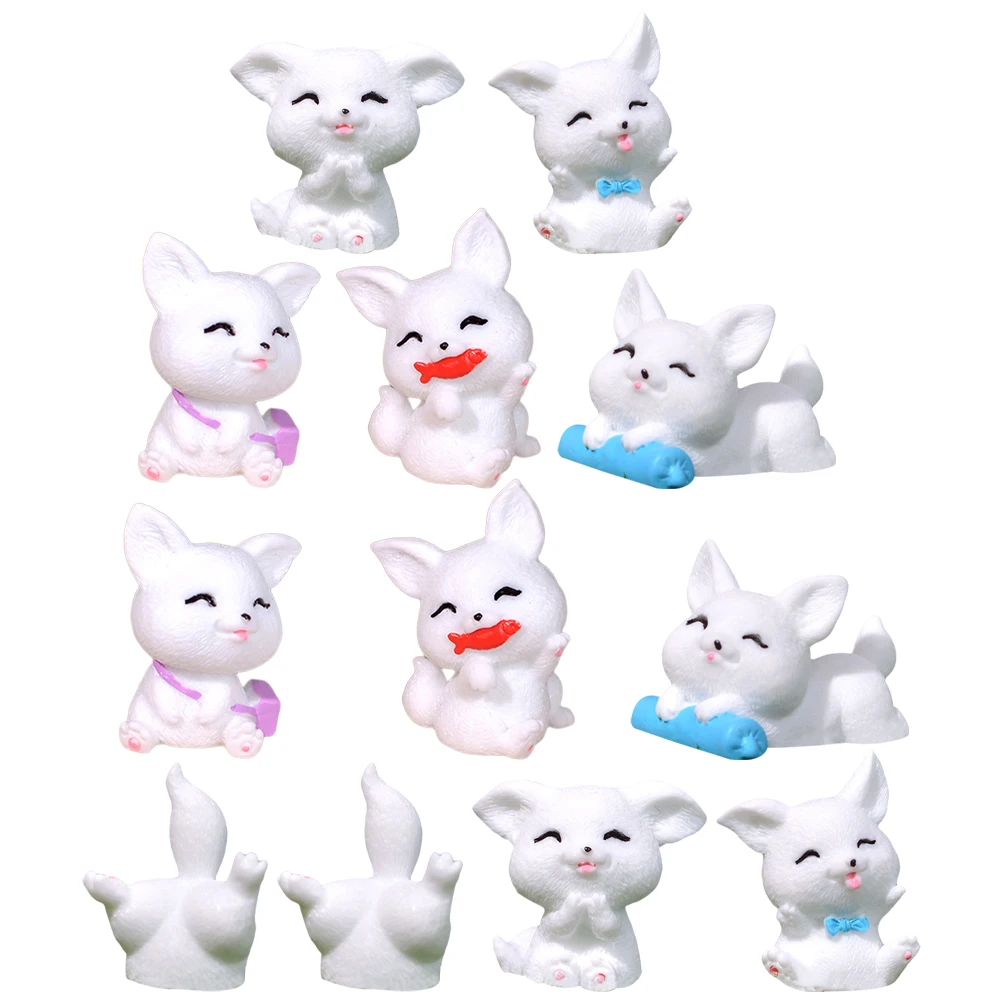 

12pcs Fox Figurines Resin Miniature Animal Decorations Blue Bow Eating Fish Bag Holding Pillow Hugging Home Garden Props