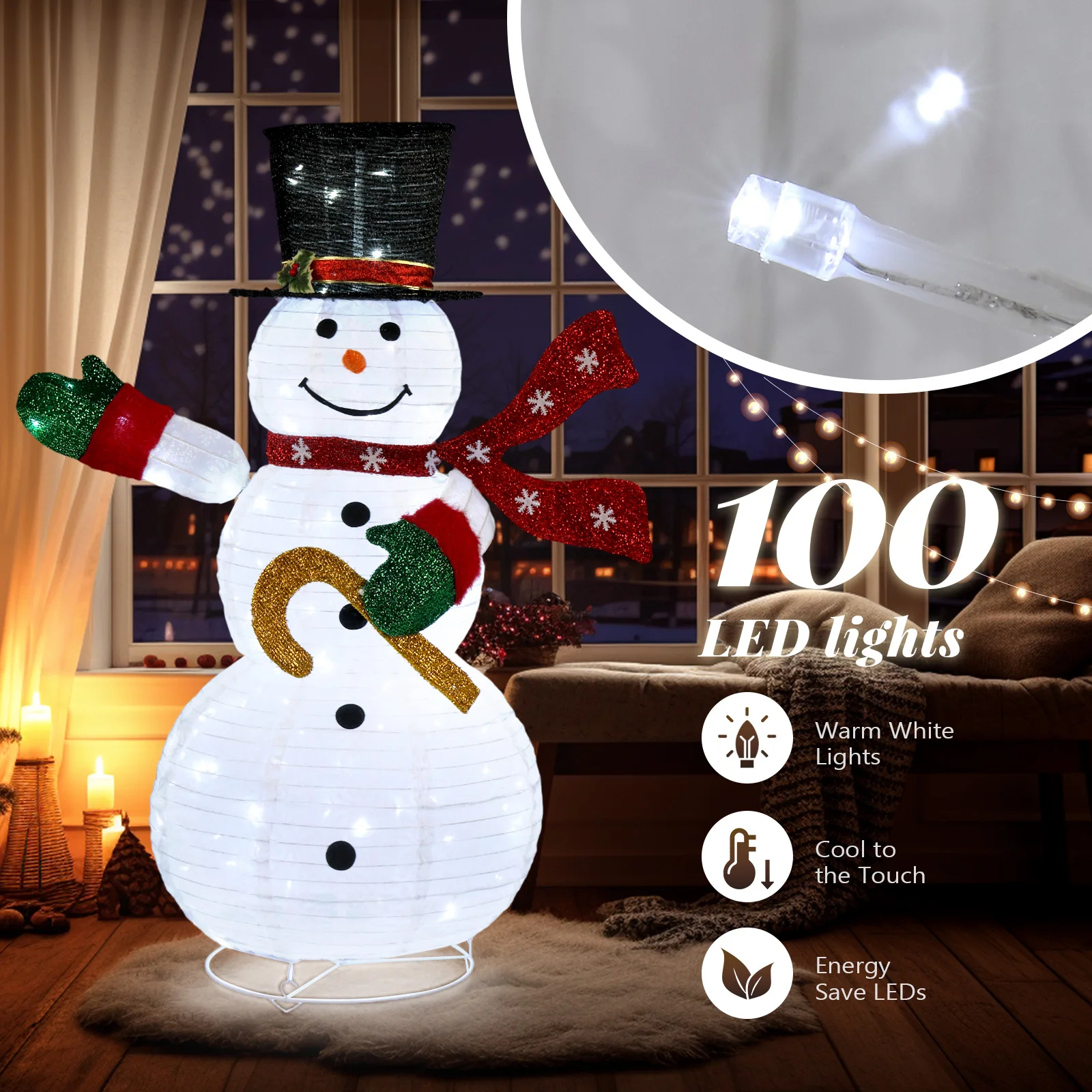 Boneco de neve pop-up iluminado de 4 pés, grande decoração de férias de Natal com 100 luzes LED, chapéu superior, cachecol para decoração de Natal de quintal de gramado ao ar livre