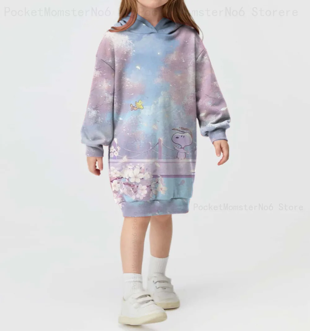 Children's Hoodie Dress Autumn and Winter Sports Leisure Comfortable Hooded Sweater Pullover Girls Disney Snoopy Print Top