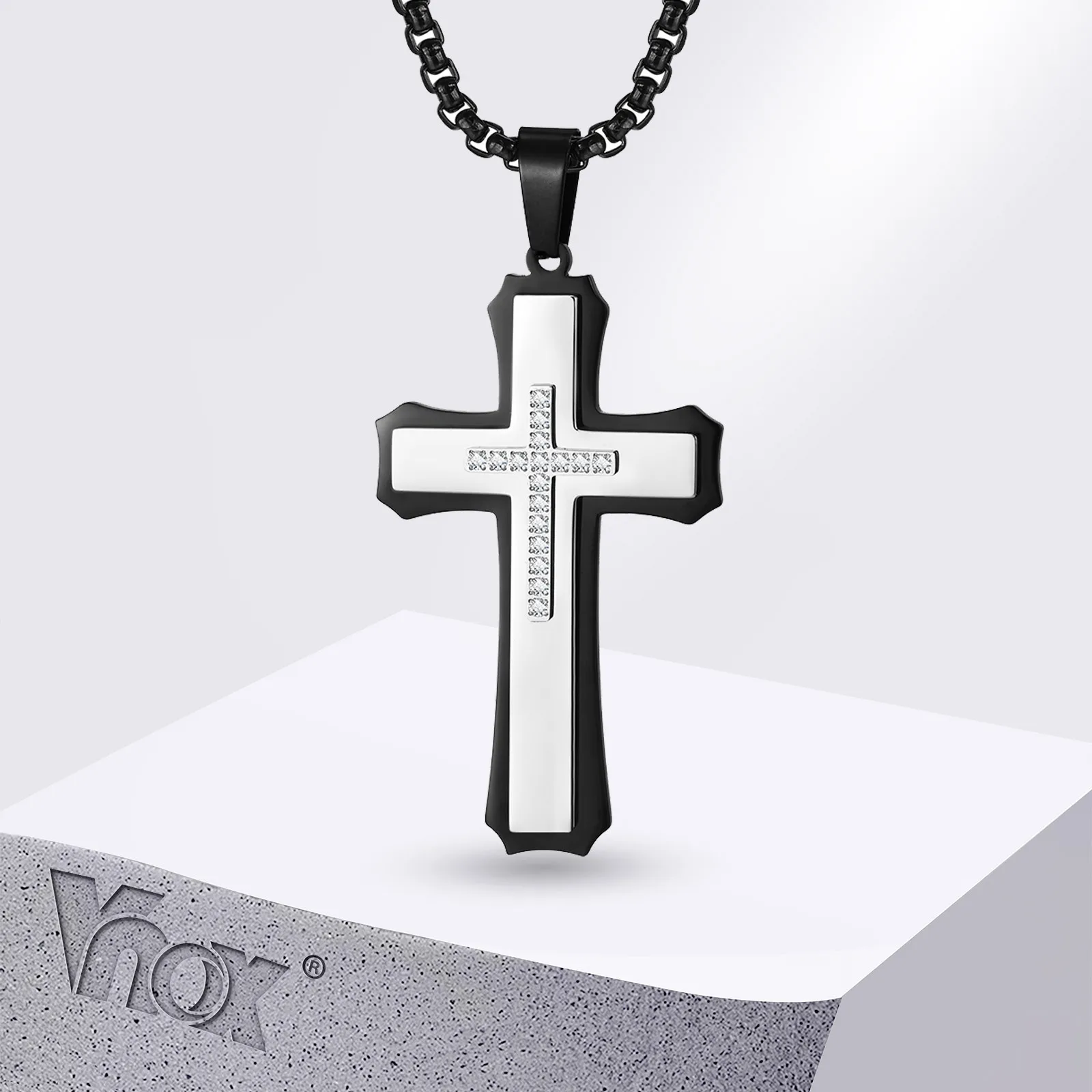 Vnox Big Cross Pendant with Paved Cubic Zircon Stone Cross Necklaces, Black Stainless Steel Layered Christ Cross Pendant Gift